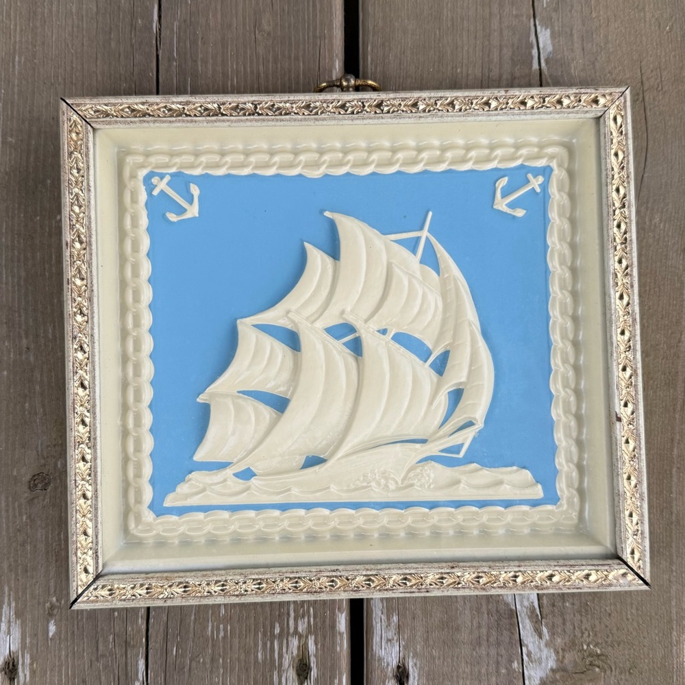 Vintage Blue & Cream Plastic Embossed 3D Clipper Ship Wall Art Shadow Box Frame